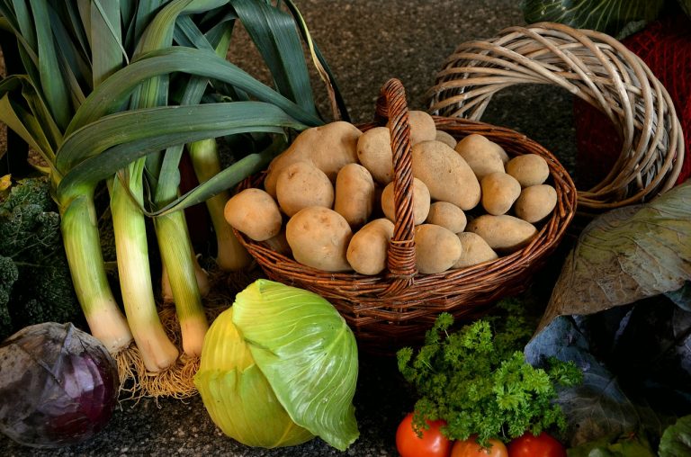 Korb mit Kartoffeln, Sellerie, rot & weiß Kohl, Tomaten