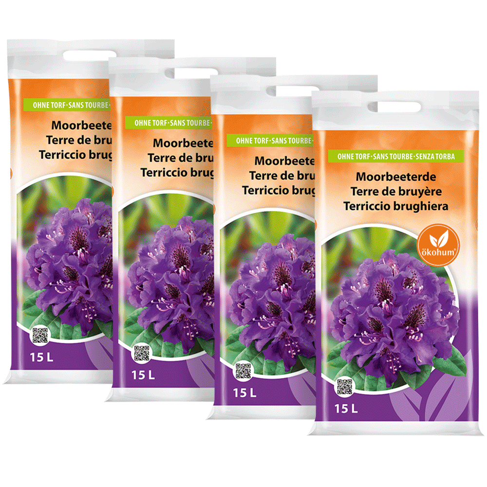 oekohum Moorbeeterde Viererpack 60l für Rhododendren, Azaleen und Heidelbeeren